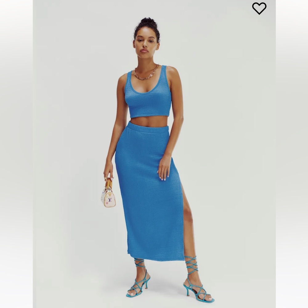 Reformation Bright Blue Knit Crop Tank & Midi Skirt Set